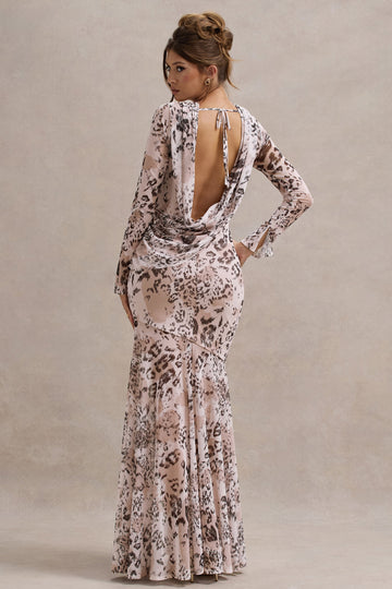 Tigerlily Leopard Print Mesh Long-Sleeve Open-Back Maxi Dress